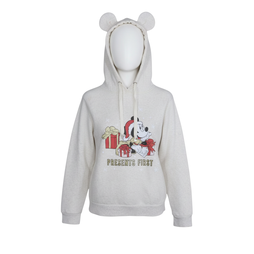 Disney Women Beige Minnie Mouse Christmas Hooded Pullover Sweatshirt Size M