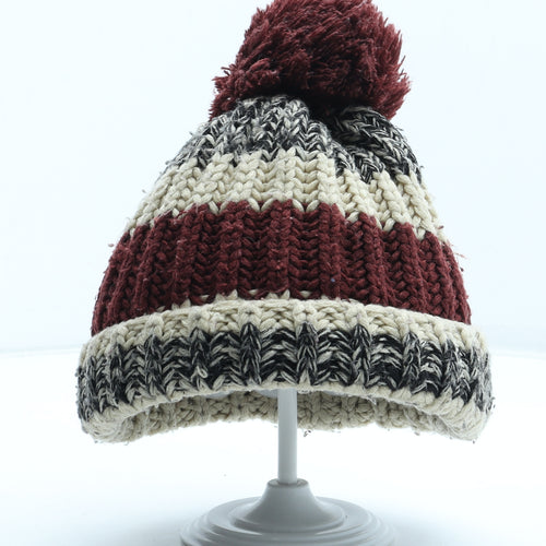 F&F Boys Red Striped Acrylic Bobble Hat One Size