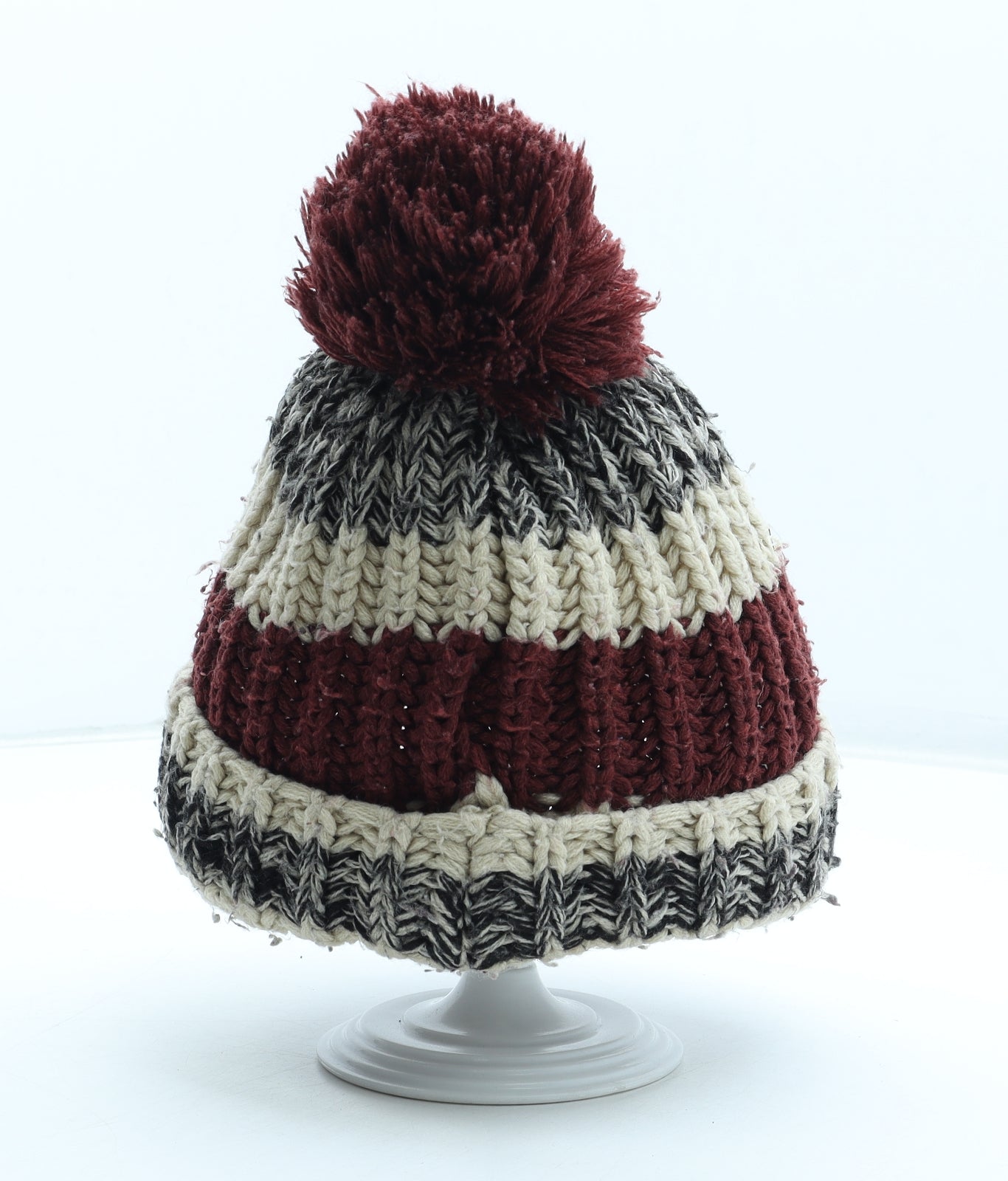 F&F Boys Red Striped Acrylic Bobble Hat One Size