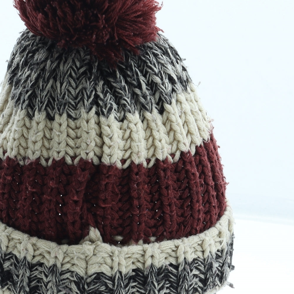 F&F Boys Red Striped Acrylic Bobble Hat One Size