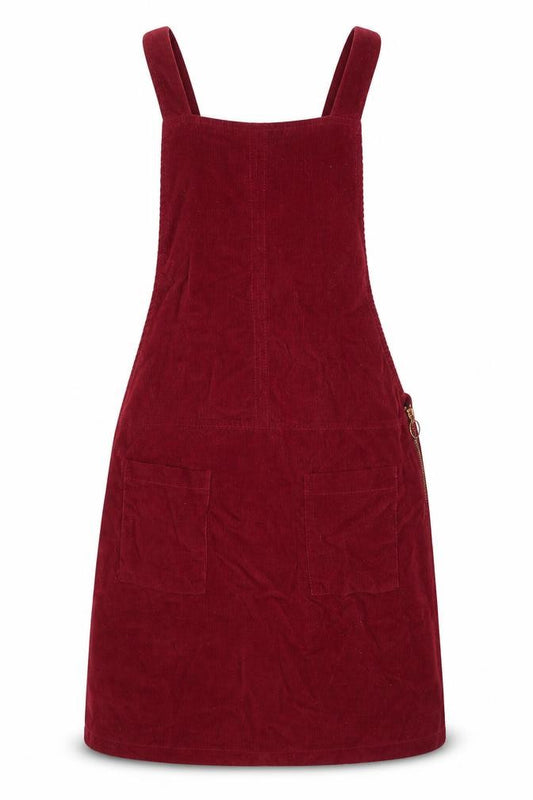 Front view of Primark women’s red corduroy pinafore/dungaree dress, size UK 6