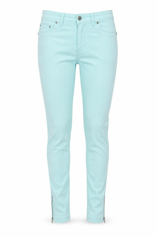 Front view of Heart & soul women’s green denim skinny jeans, size UK 10, 27-inch leg