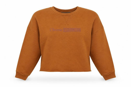 Front view of Primark women’s brown jersey pullover sweatshirt, size S, - choose kindness