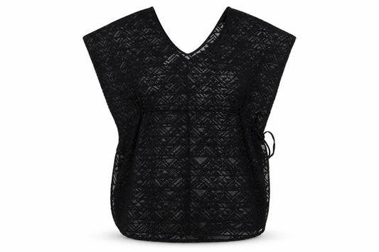 Front view of Ocean Club women’s black geometric tunic blouse, size UK 14