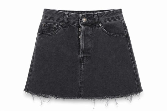Front view of Bershka women’s grey denim mini skirt, size UK 8