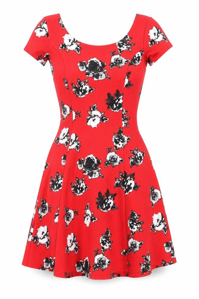 Front view of H&M women’s red floral a-line, size UK 8