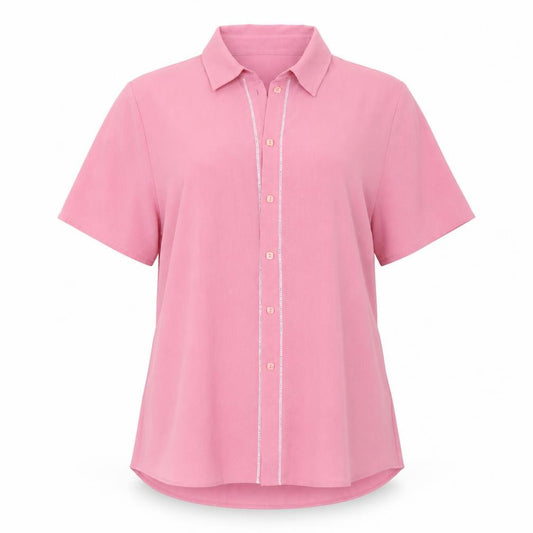 Front view of BHS women’s pink tunic button-up, size UK 12