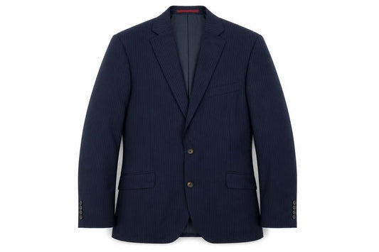 Front view of Marks & Spencer men’s blue striped jacket suit jacket, size 42