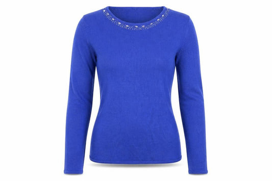 Front view of Pure & Natural women’s blue knit jumper, size UK 10, - beaded