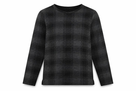 Front view of Tu women’s grey striped jersey pullover sweatshirt, size UK 14
