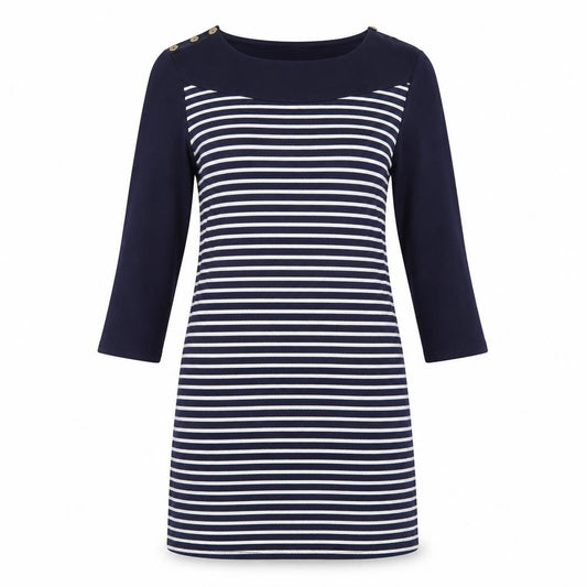 Front view of Lakeland women’s blue striped jersey t-shirt dress, size M