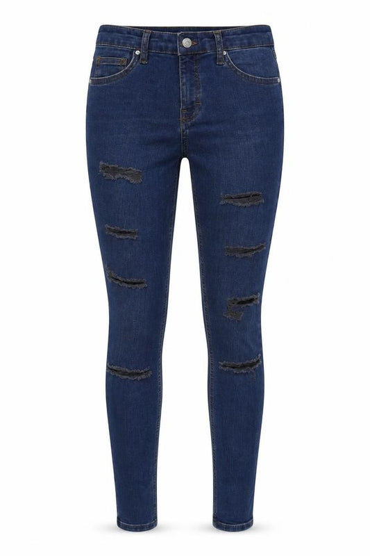 Front view of Topshop women’s blue denim jegging jeans, size UK 8, 34-inch leg