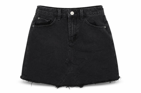 Front view of Denim Co women’s black denim a-line skirt, size UK 6