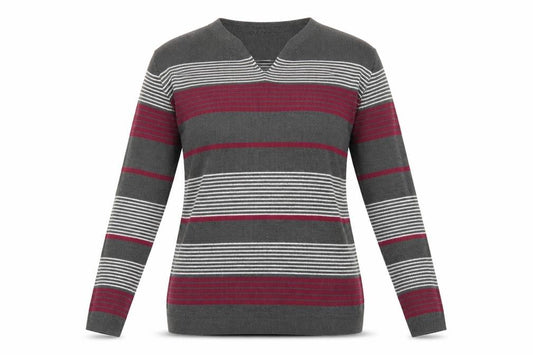 Front view of Isle Essentials women’s grey striped knit jumper, size UK 14