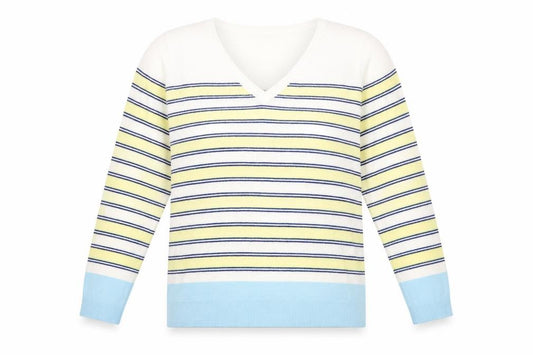 Front view of Marks & Spencer women’s white striped jumper, size UK 14