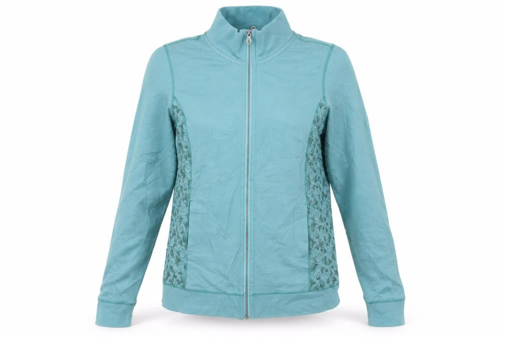 Front view of Traidcraft women’s blue full zip sweatshirt, size UK 10