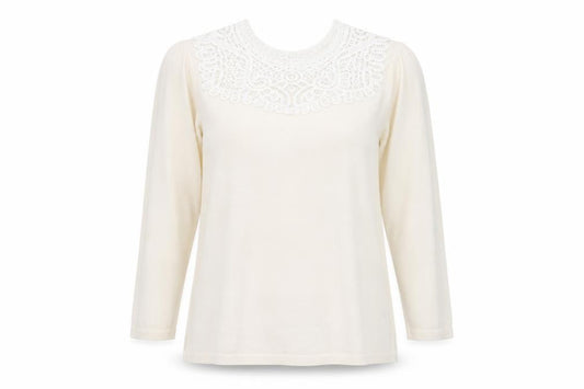Front view of Soon women’s white knit jumper, size UK 18, - crochet detail