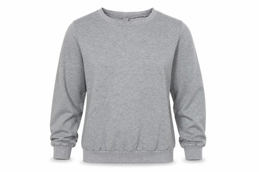 Front view of women’s grey pullover sweatshirt, size L