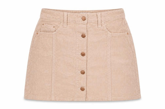 Front view of River Island women’s beige corduroy a-line skirt, size UK 8