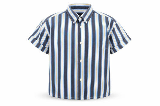 Front view of Roundtree & Yorke women’s blue striped basic button-up, size L