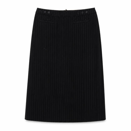 Front view of NAFNAF women’s black striped a-line skirt, size UK 8