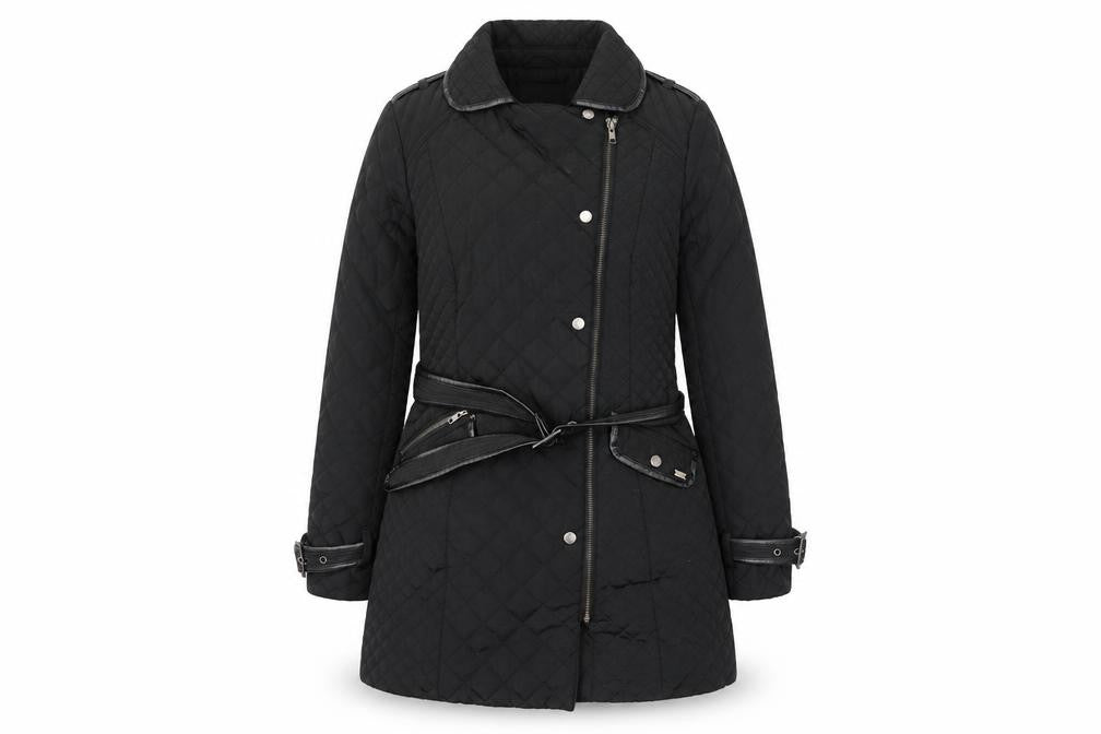 Front view of Papaya women’s black quilted coat, size UK 10, - belt included