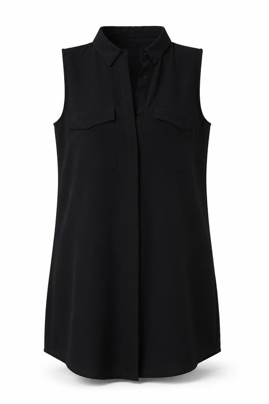 Front view of MONK women’s black tunic blouse, size S
