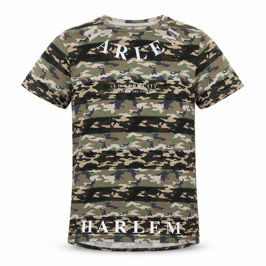 Front view of Primark boys’ green camouflage jersey basic t-shirt, size 11-12, years - harlem