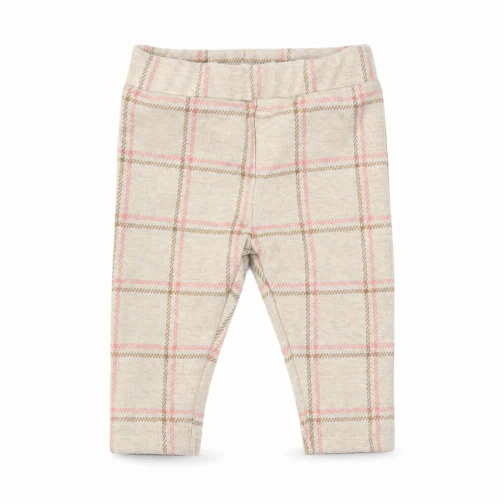 Front view of Nutmeg girls’ beige check cropped leggings, size 3-6, months