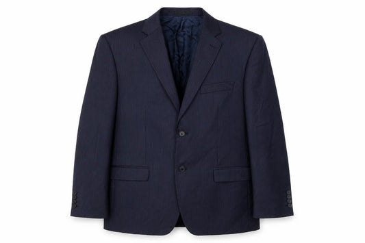 Front view of Greenwoods men’s blue striped rayon jacket suit jacket, size 44