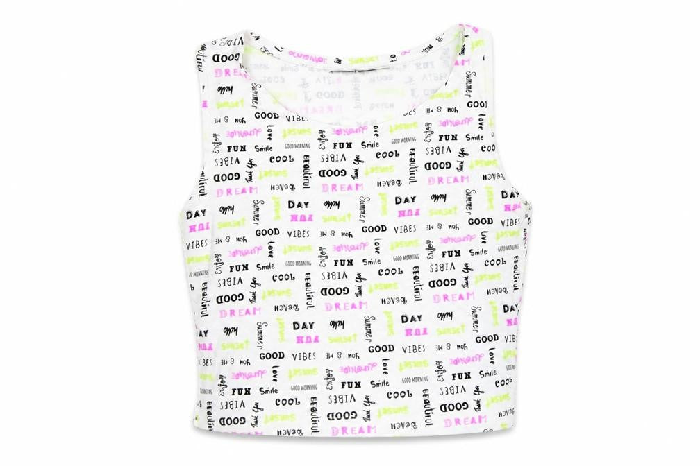 Front view of Primark women’s white cropped tank, size XS, - slogan