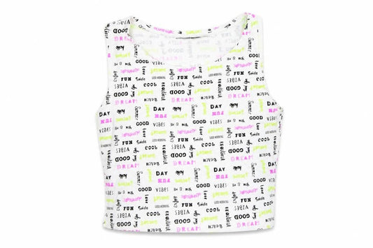 Front view of Primark women’s white cropped tank, size XS, - slogan