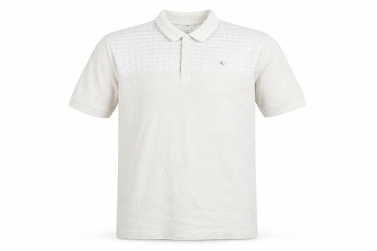 Front view of eto jeans men’s white polo, size L