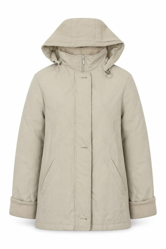 Front view of EWM women’s beige jacket cape, size UK 12