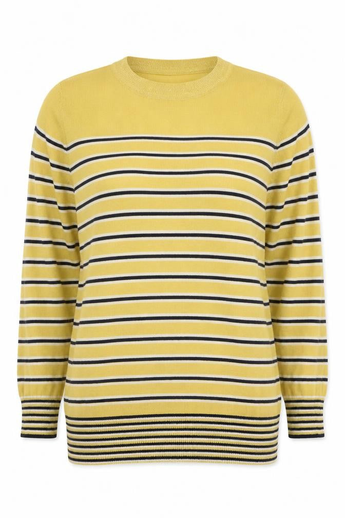 Front view of Next women’s yellow striped knit jumper, size UK 8