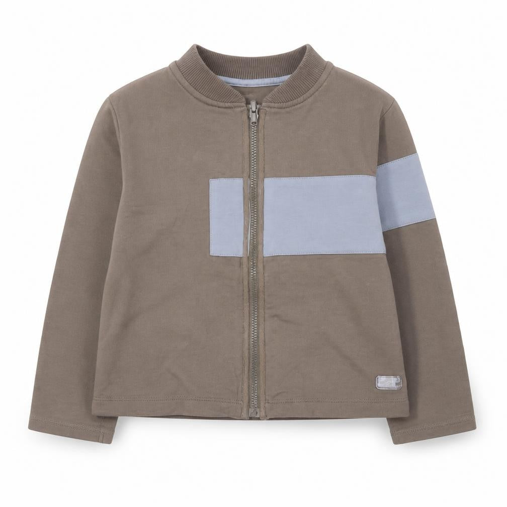 Front view of Petit Boy boys’ brown full zip sweatshirt, size 3, years