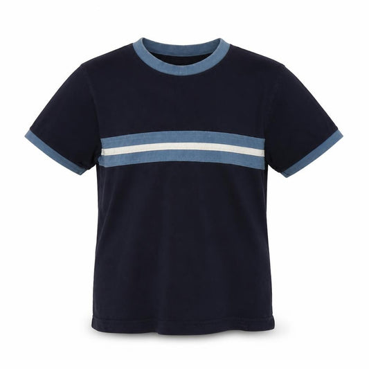 Front view of BHS boys’ blue striped jersey basic t-shirt, size 5, years