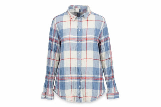 Front view of H&M women’s blue check basic button-up, size UK 8