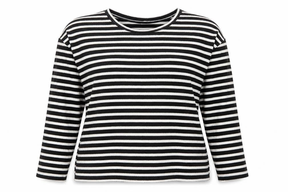 Front view of H&M women’s beige striped pullover sweatshirt, size L