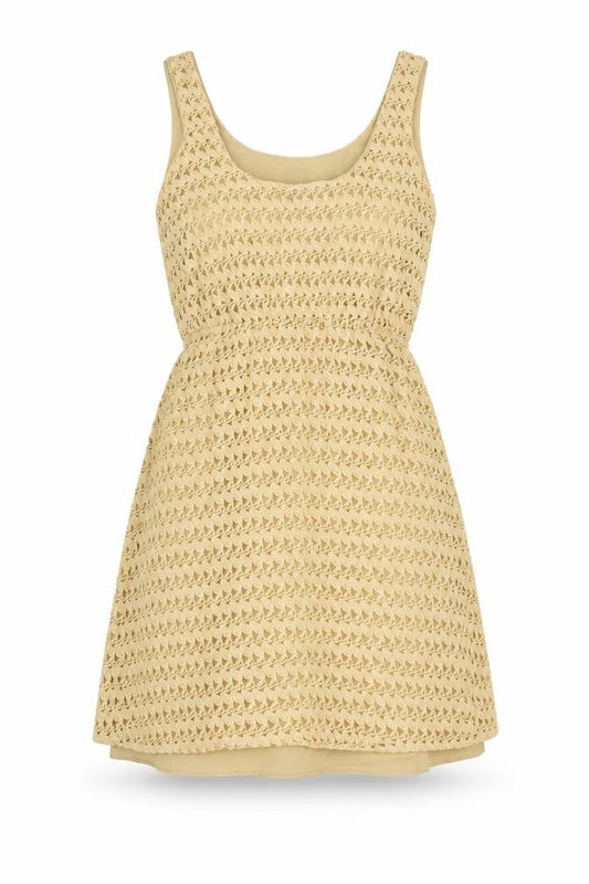 Front view of Johann Earl women’s beige crochet skater dress, size M