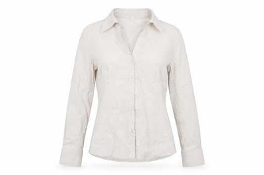 Front view of Preworn women’s grey basic button-up, size L