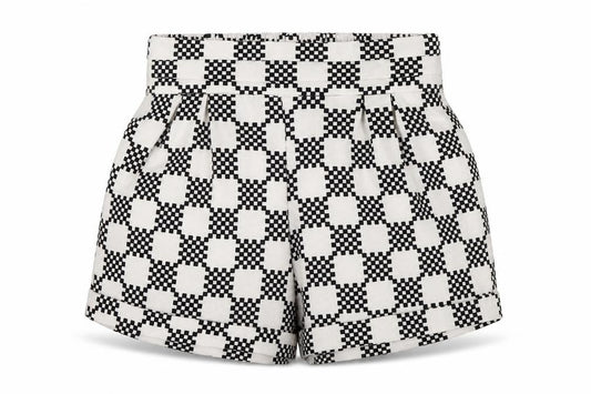 Front view of Paper Scissors women’s multicoloured geometric hot pants shorts, size UK 8