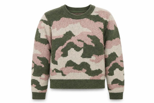 Front view of Primark boys’ multicoloured camouflage knit jumper, size 9-10, years