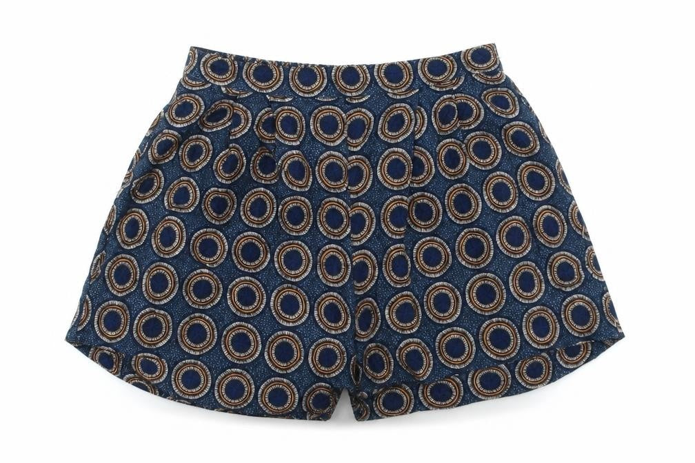 Front view of H&M women’s blue paperbag shorts, size UK 8