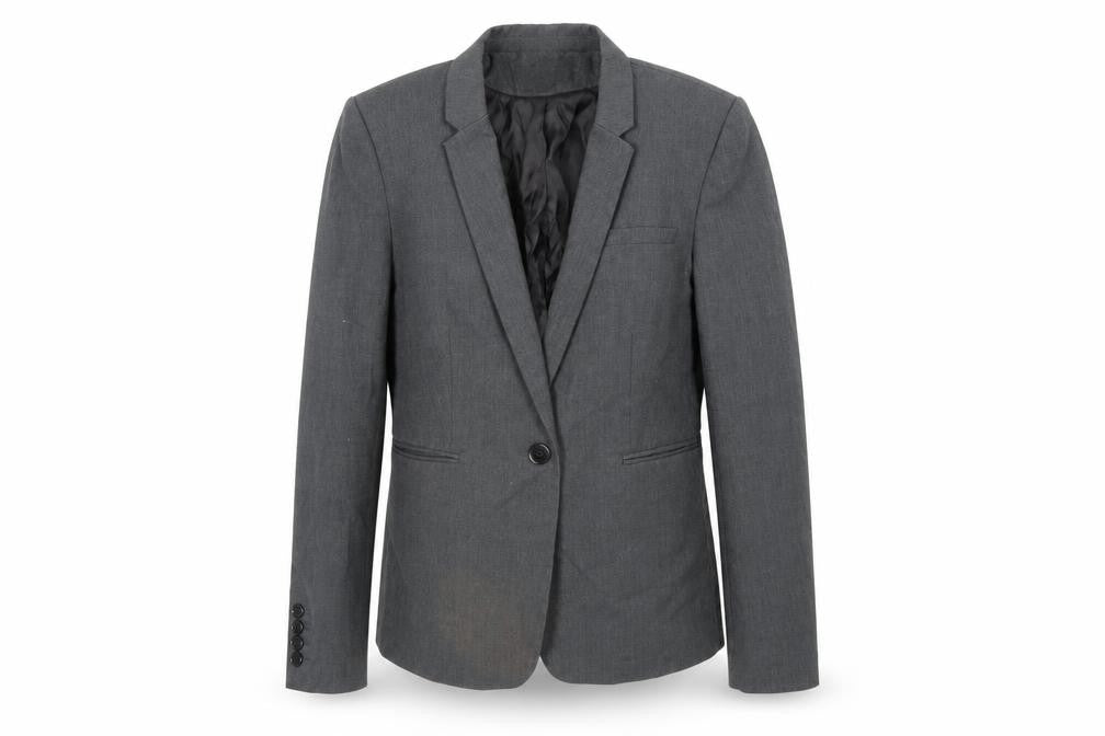 Front view of H&M women’s grey rayon jacket suit jacket, size UK 12