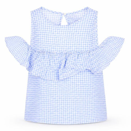 Berksha Womens Blue Check  Basic T-Shirt Size XS  - Cut Out Shoulder