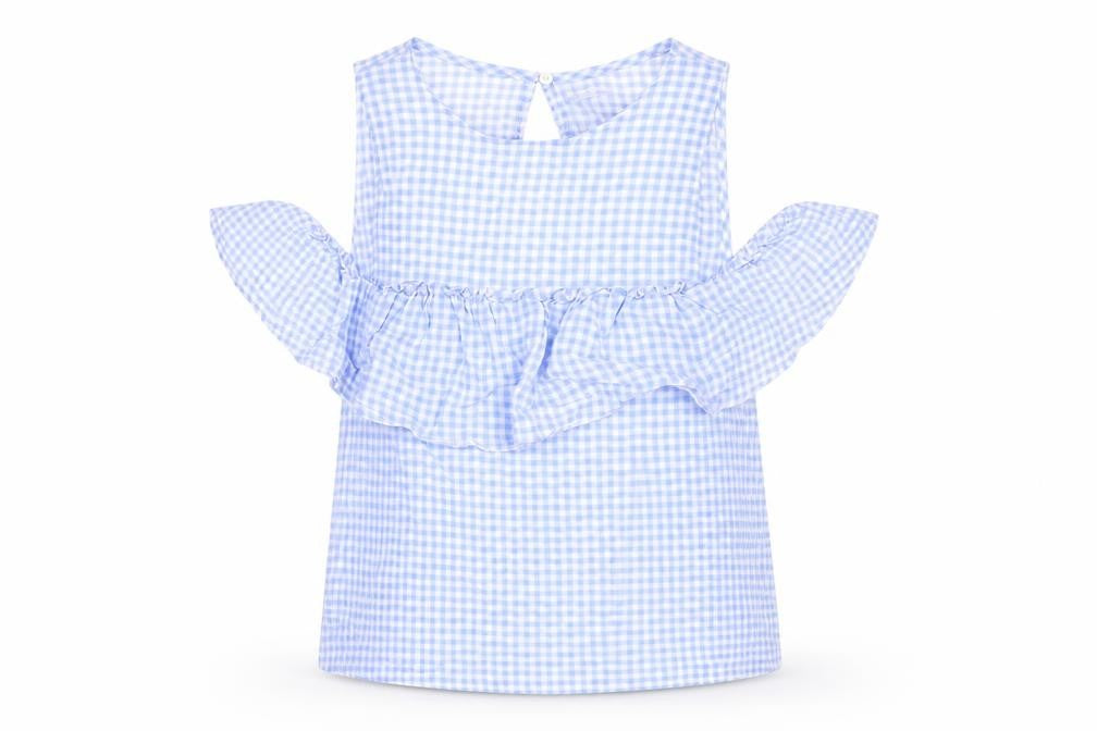 Berksha Womens Blue Check  Basic T-Shirt Size XS  - Cut Out Shoulder