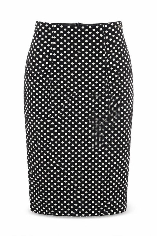 Front view of Pringle women’s black polka dot straight & pencil skirt, size S