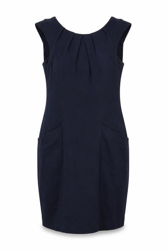 Front view of women’s blue jersey pinafore/dungaree dress, size M