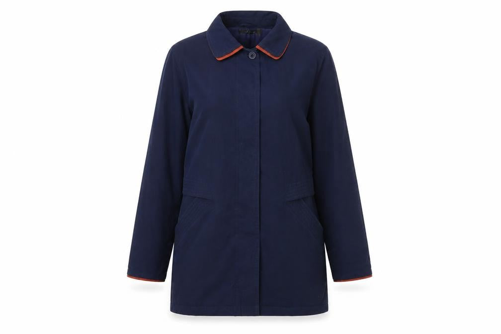 Front view of style file women’s blue overcoat coat, size UK 10